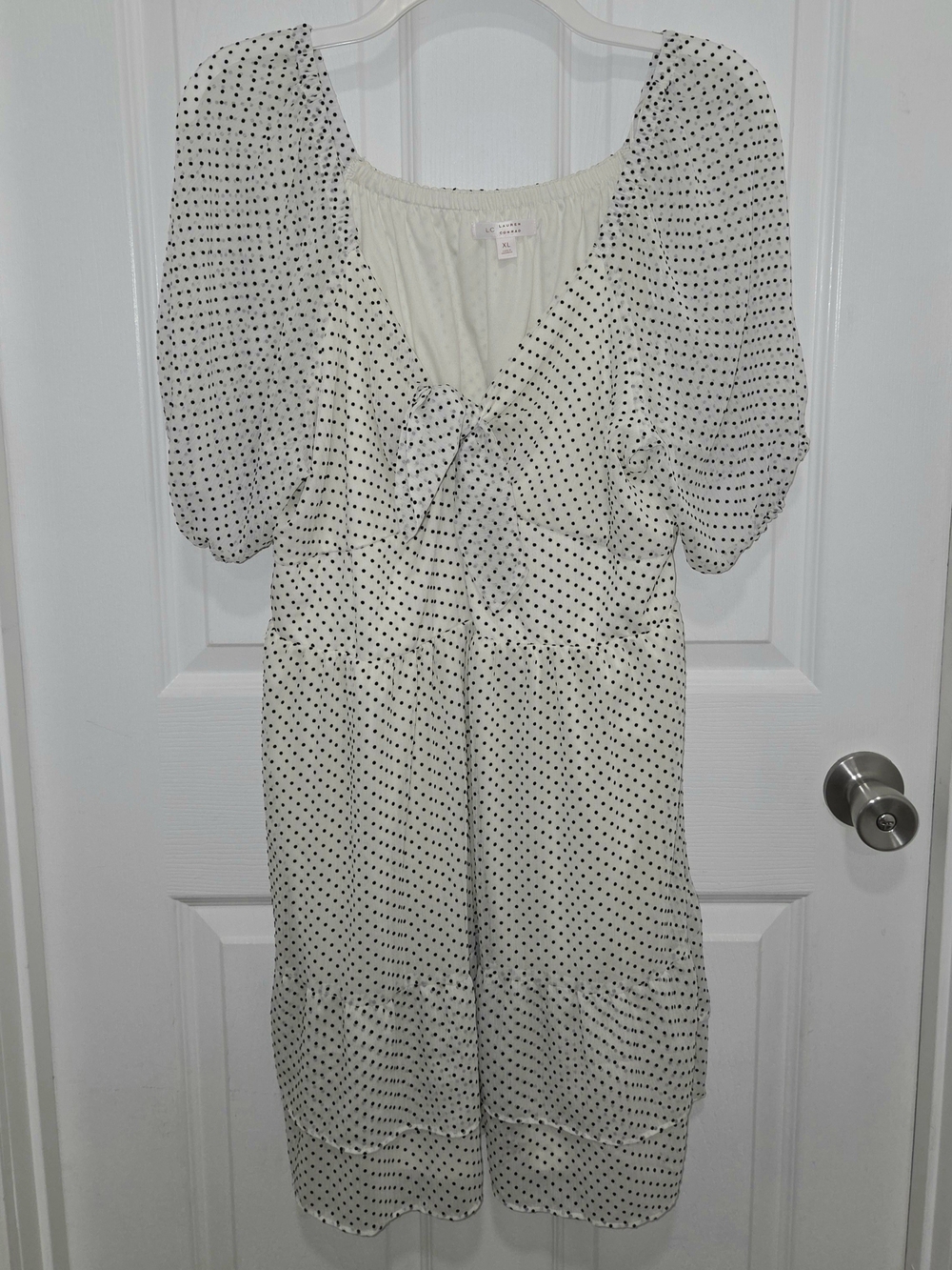 LC Lauren Conrad White Black Polka Dot Chiffon Puff Sleeve Bow Smocked Sz XL.